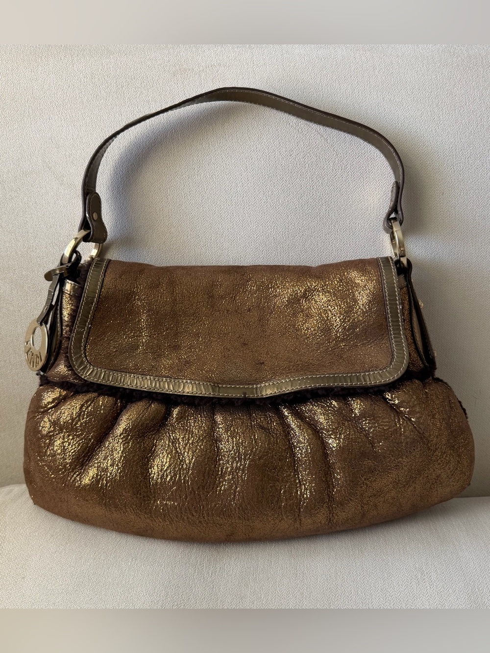 Fendi Bronze Chef Shearling Shoulder Bag with Fur Trim